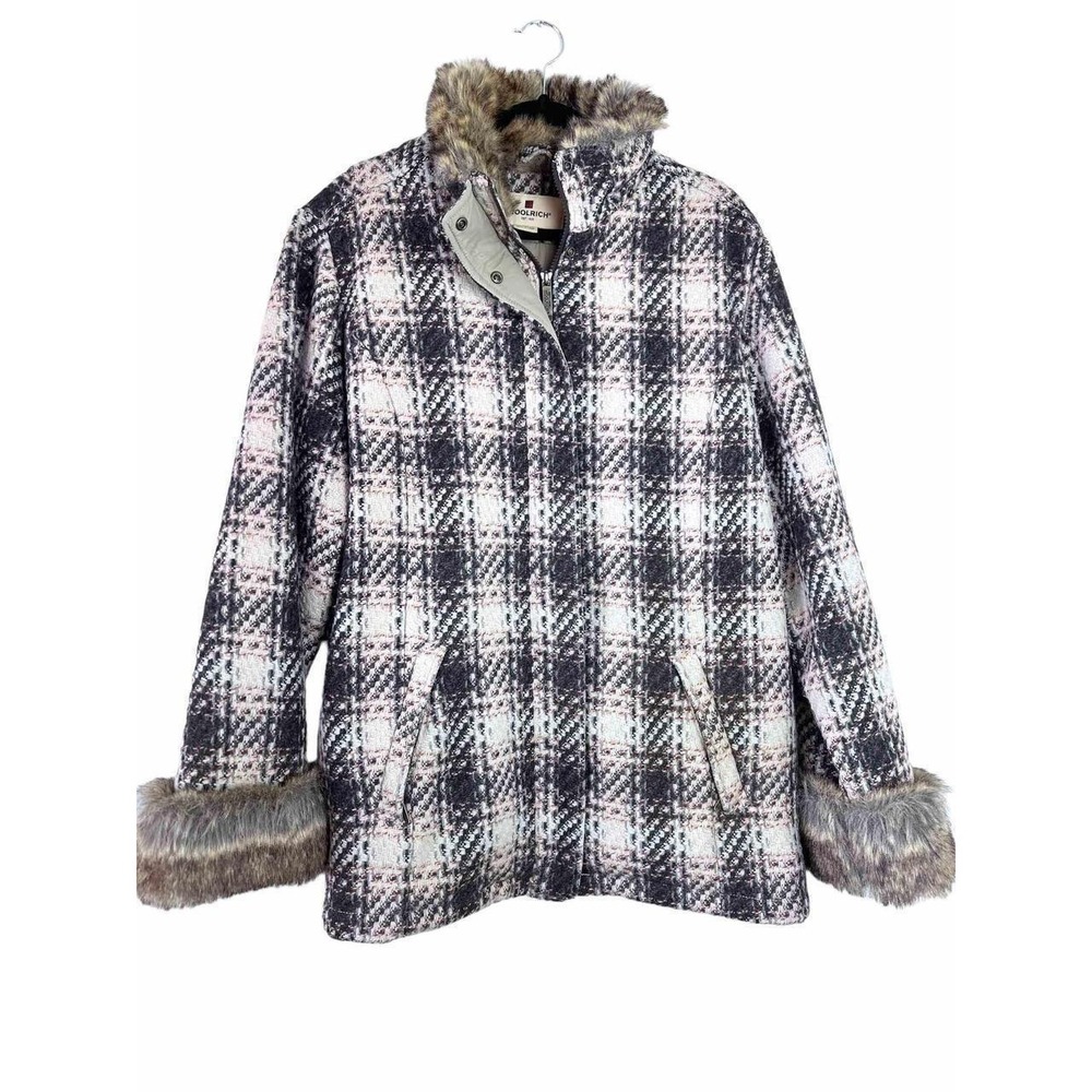 Y2k Vintage Woolrich 90% Wool Blend Brown Tan Plaid Tweed Warm Winter Coat L